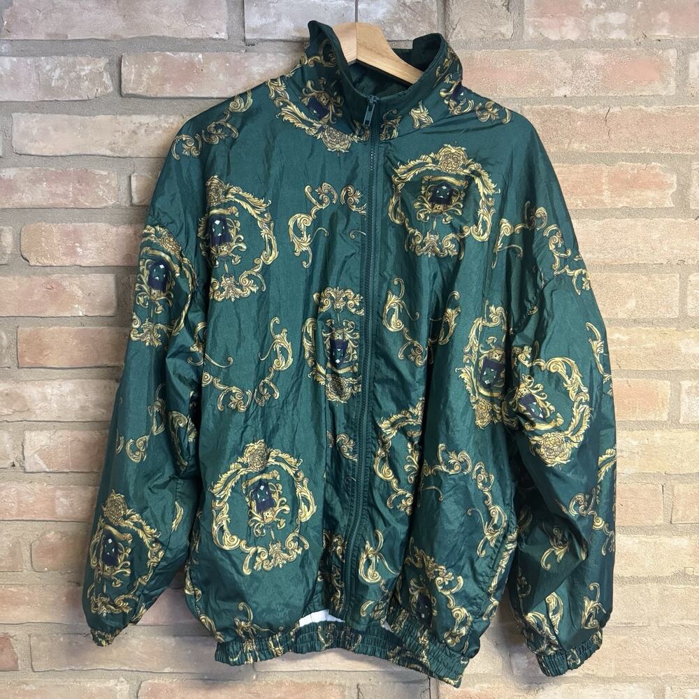 Slade Vintage 80’s Windbreaker Track Jacket Size XL Green & Gold Pattern
